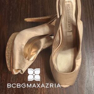 BCBGMaxAzria Women's Gold Satin Peep Toe Heels